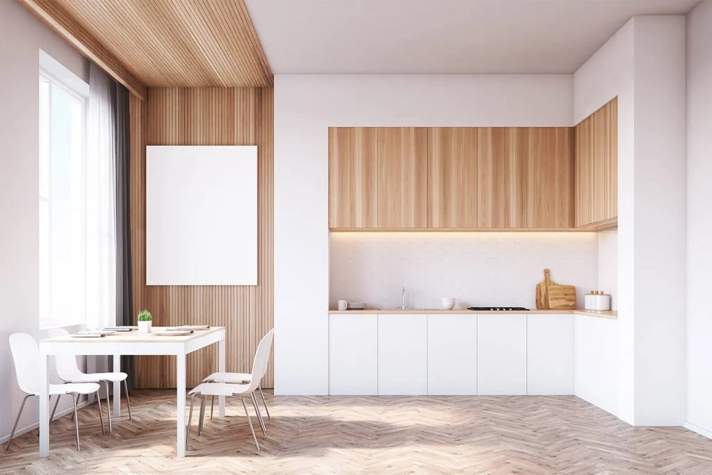 Modern living space with neutral interior design