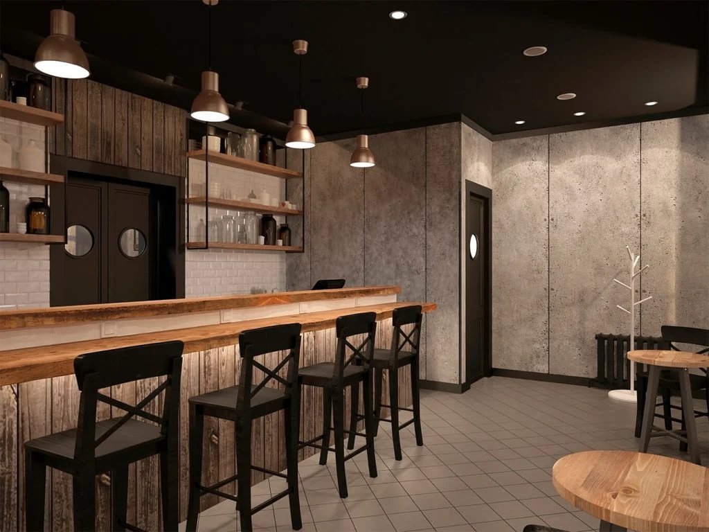 Warm cafe interior with wooden stools